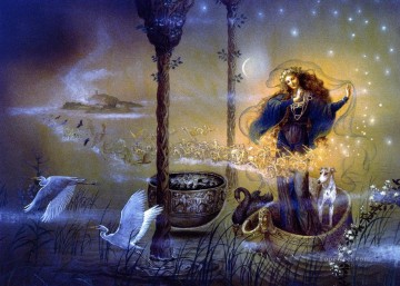 鶴 白鳥 犬 アヴァロンの巫女 ファンタジー Oil Paintings